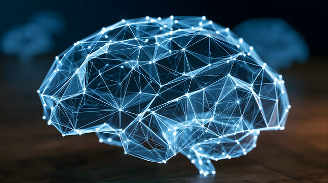 A conceptual image of a human brain made of interconnected network lines, representing technology and artificial intelligence.