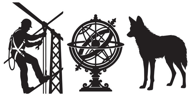 Silhouette icons of a construction worker, an armillary sphere and a standing wolf Vector
