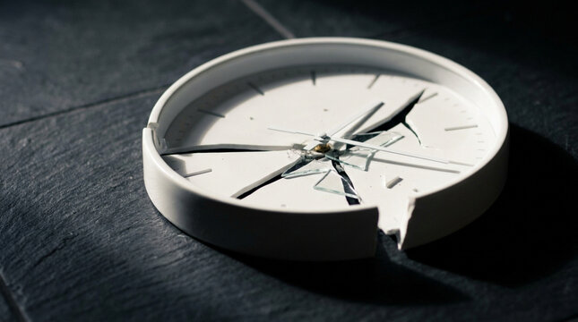 Broken clock shattered glass earthquake damage time concept destruction disaster cracked face