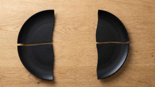 Broken black ceramic plate on wooden surface symbolizes earthquake damage and disruption in calm natural setting
