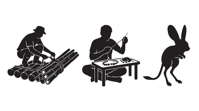 Black silhouettes of a man working with bamboo, crafting beads and a jerboa Vector