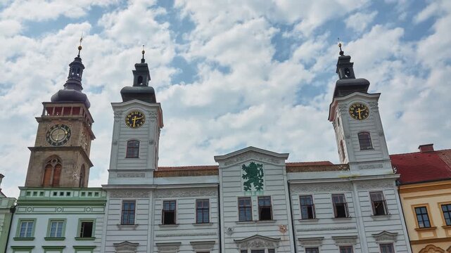 HRADEC KRALOVE, CZECH REPUBLIC - JUNE 13 2019: White Tower (Bila vez) and Hotel Vacek Under The Tower. Hradec Kralove in Czech Republic