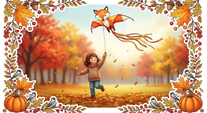 Child Flying Kite in Autumn Park Scene with Pumpkins and Fall Foliage.