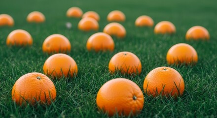 Fototapeta premium Fresh Oranges Scattered on Green Grass in Soft Sunlight - Vibrant Nature and Healthy Lifestyle