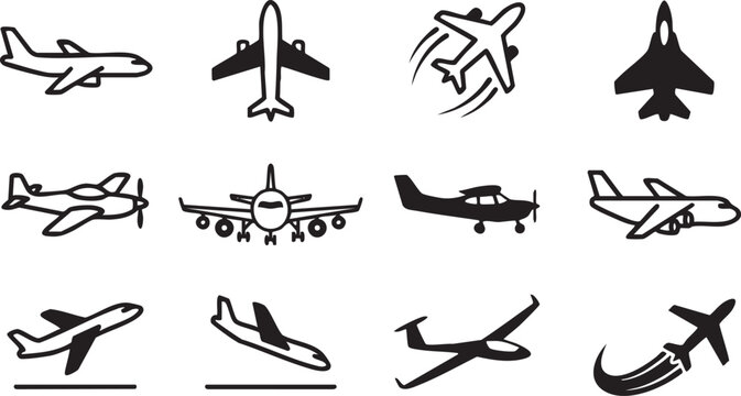 Black and white airplane icons set