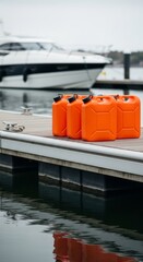 Fototapeta premium Orange Fuel Jerrycans on Dock with Yacht and Water Reflections, Commercial Design