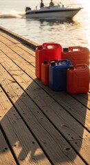 Fototapeta premium Plastic fuel cans on wooden pier with boat in background at sunset, boating adventure concept