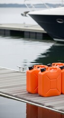 Fototapeta premium Bright orange fuel canisters lined up on a wooden pier with a modern yacht in the background