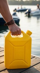 Fototapeta premium Yellow jerrycan held by hand on wooden pier at golden hour with boats on water