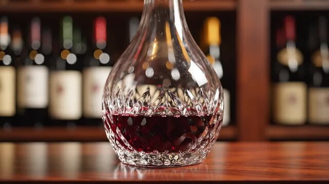 wine decanter displayed on wooden shelf in a bar or wine shop, showcasing a neutral atmosphere with close-up static shot, highlighting red and brown glassware materials and wine bottles inl.