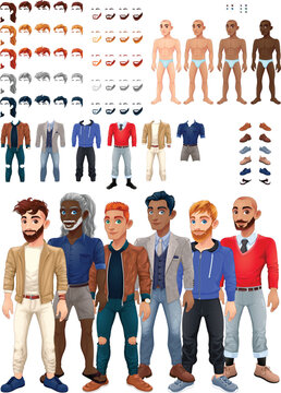 Cartoon Character Creator Kit with Male Avatars Clothing Hairstyles and Customization Assets