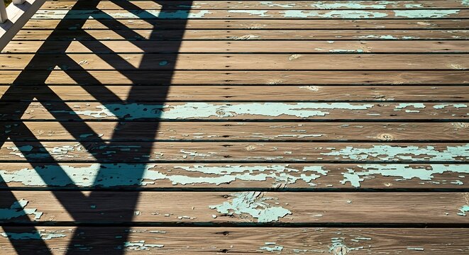 Weathered Wooden Deck with Shadow Pattern and Peeling Paint.