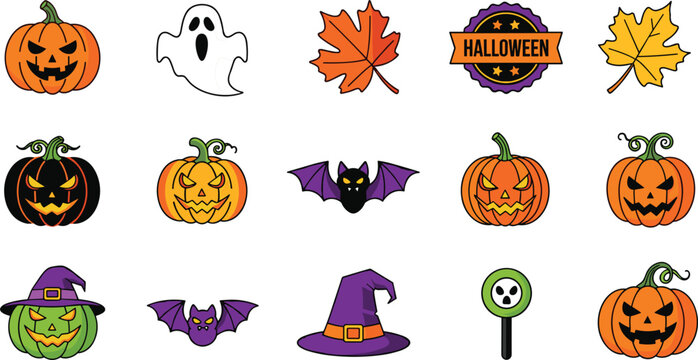 Halloween Pumpkin Ghost Bat and Autumn Holiday Icon Collection
