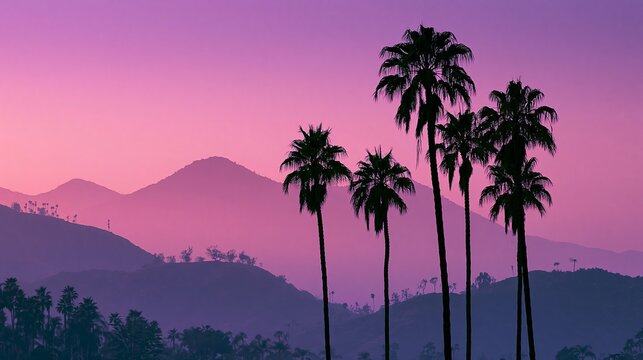 Tall palm trees stand out against a gorgeous purple sunset, with hills and mountains behind them.