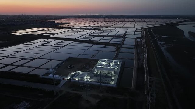 Aerial view of salt fields in Rizhao at dusk with illuminated pumping station facilities