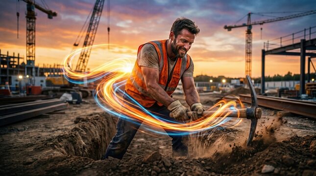 Strong construction worker digging ground with pickaxe under sunset with glowing energy light trails.