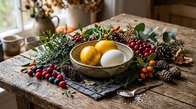 Rustic wooden table with autumn fruits and greenery decoration