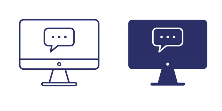 Computer monitor screen with speech bubble chat icon set in flat outline and solid filled vector styles