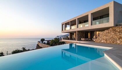Fototapeta premium Modern Brutalist Seaside Estate with Infinity Pool and Natural Stone Masonry Architecture at Sunset