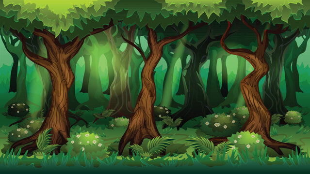 Cartoon Fantasy Forest Background with Lush Green Trees for 2D Platform Games