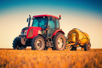 Red agricultural tractor with yellow tank trailer in wheat field at sunset © ValentinValkov