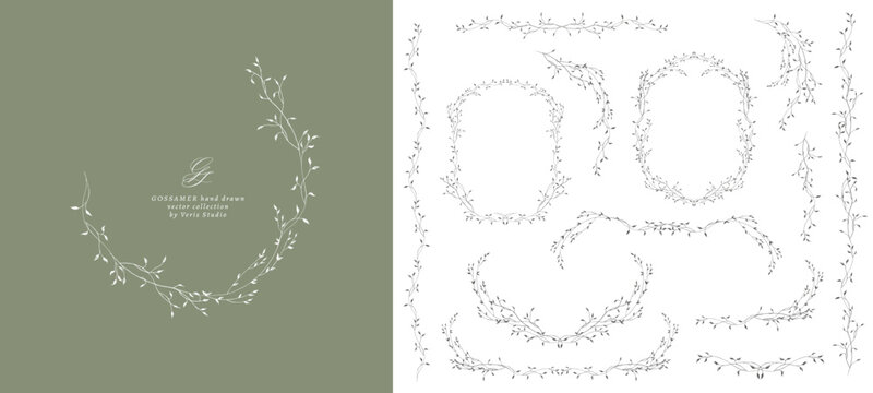 Hand drawn botanical frames and floral borders with delicate leafy branches. Minimalist vector collection for wedding invitations, branding, logos, stationery and packaging.