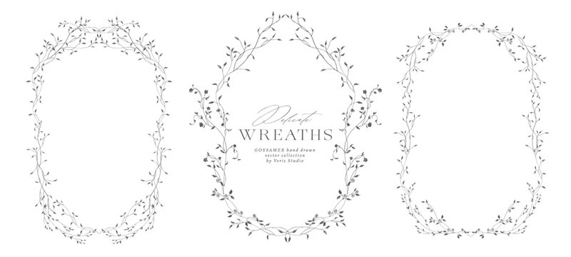 Hand drawn botanical frames and delicate floral wreaths with leafy branches. Minimalist vector collection for wedding invitations, branding, logos, stationery and packaging.