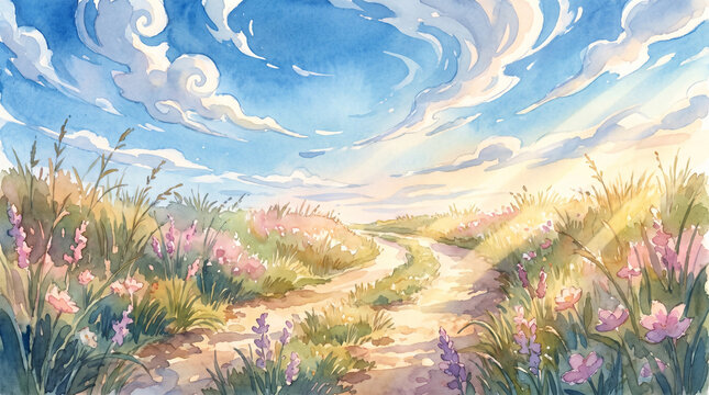 Quiet Countryside Flower Path Through Wildflower Meadow in Watercolor Style with Blue Sky and Sunlight Rays