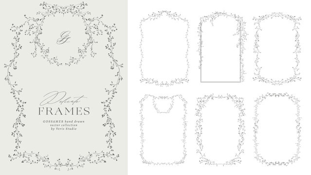 Hand drawn floral frames and botanical borders with delicate wildflower branches. Minimalist vector collection for wedding invitations, branding, stationery, logos and packaging.