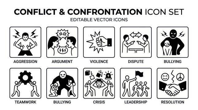 A set of editable vector icons depicting various conflict and confrontation scenes.