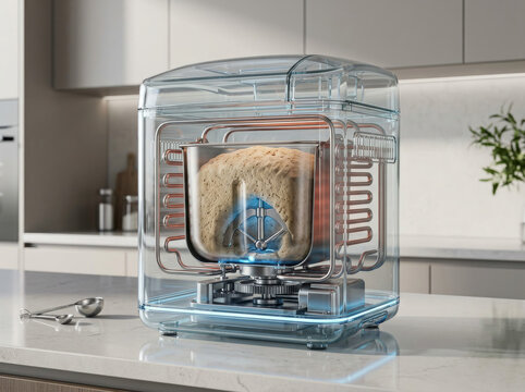 Transparent boxed device with visible internal mechanisms in a clear enclosure. Minimal product visualization for modern home technology.