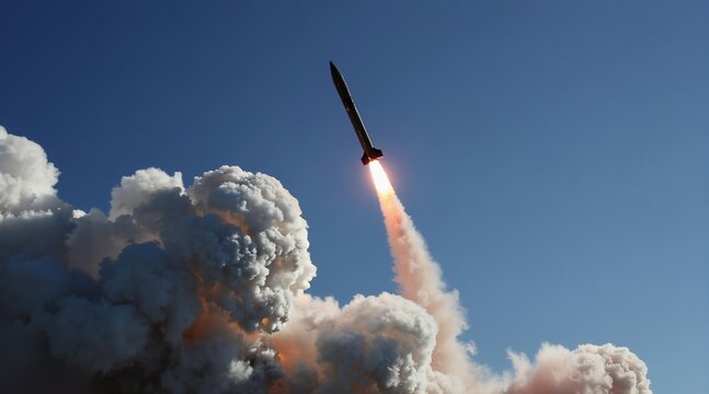 Ballistic missile ascends into clear blue sky amid billowing smoke cloud. Powerful launch creates fiery trail against backdrop. Military might defense technology global security.