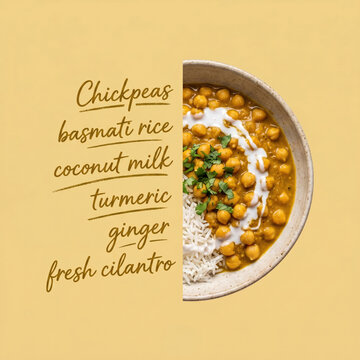 Creative food graphic chickpea curry with basmati rice coconut milk in ceramic bowl on golden background handwritten ingredient list recipe