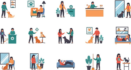 Plakat Set of flat vector illustrations featuring people and their pets in a modern veterinary clinic and home care setting