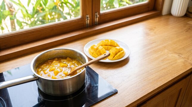 Mango jam cooking in pot, Tropical homemade fruit preserve, Golden mango cubes, Bright kitchen recipe, Clean copy space