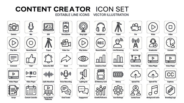 Content creator icon set vector illustrations showcase various design elements