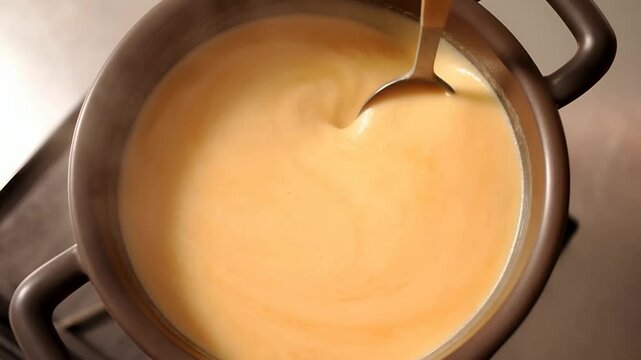 Creamy Custard Stirring: A close-up view of smooth, creamy custard being stirred in a pot, suggesting warmth, comfort, and delicious homemade treats.