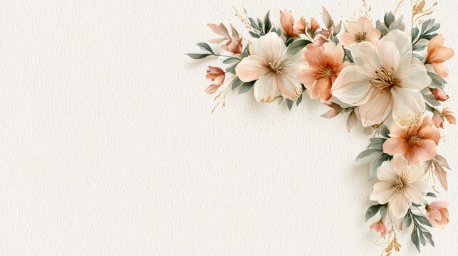 Elegant watercolor floral border with soft neutral flowers and botanical elements on textured paper. Minimal floral composition with copy space for invitations, stationery, branding, packaging and wal