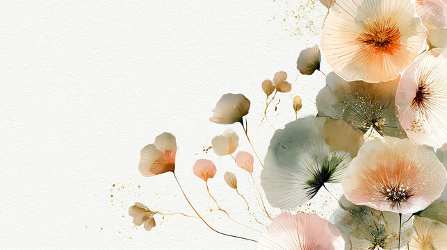 Elegant watercolor floral border with soft neutral flowers and botanical elements on textured paper. Minimal floral composition with copy space for invitations, stationery, branding, packaging and wal