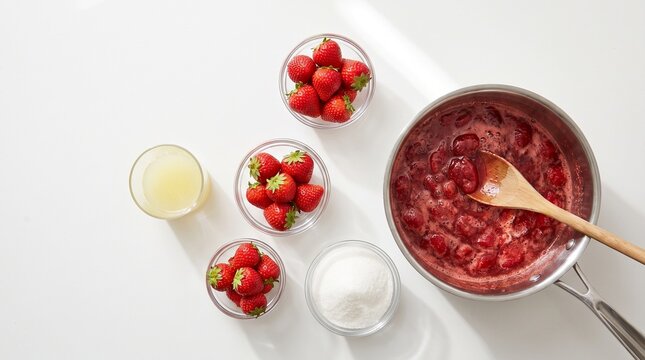 No pectin strawberry jam, Simple homemade preserve ingredients, Lemon sugar and berries, Traditional saucepan method, Clean recipe flat lay