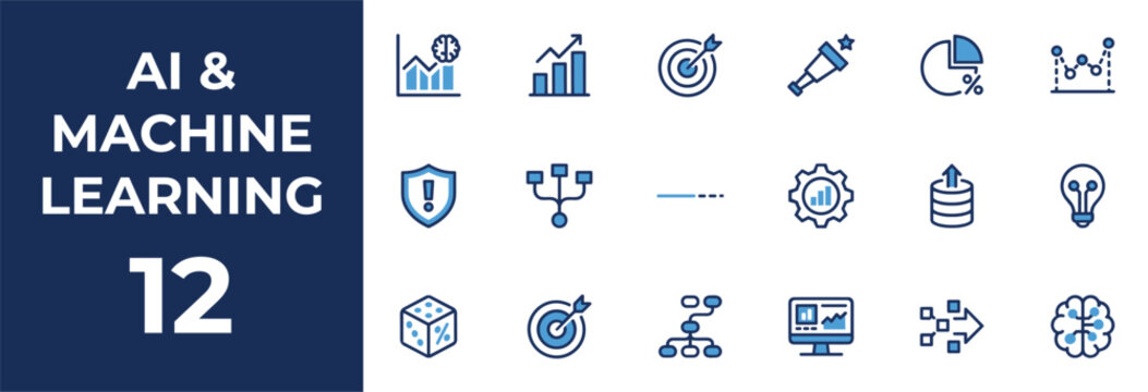 AI and machine learning vector icons set with business and technology symbols, including graphs, targets, and gears, for data analysis and innovation design