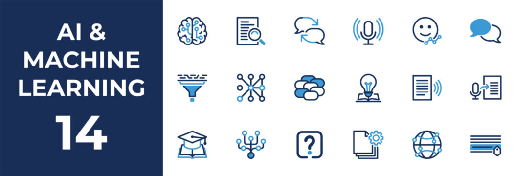 AI and machine learning vector icons set with brain, chatbot, document, microphone, and other related symbols in blue color on white background