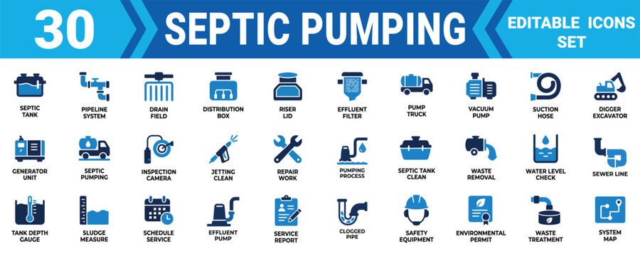 Set of 30 flat vector icons for septic pumping and sewage maintenance service and plumbing repair work Minimal solid icon set bundle collection. Editable Vector Illustration Mega pack