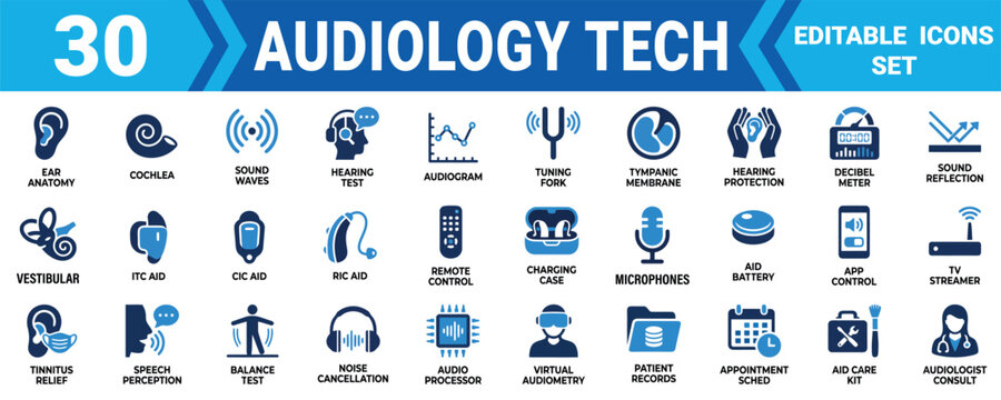 Set of 30 editable audiology technology icons for hearing health medical clinic and ear care services Minimal solid icon set bundle collection. Editable Vector Illustration Mega pack