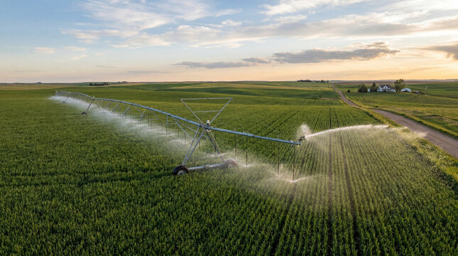 Powerful Rotating Field Sprinkler Watering Crops Evenly Across A Rural Landscape With Absolutely No Humans