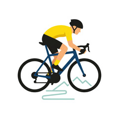 Fototapeta premium Stylized cyclist in yellow jersey riding a blue road bicycle with minimal terrain graphic