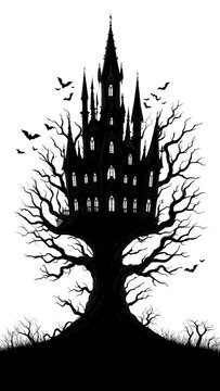 mansion, terror, &aacute;rbol, naturaleza, ilustraci&oacute;n, sucursal, vector, silueta, hojas, f&aacute;brica, arte, designio, ciclos, cofres, oto&ntilde;al, negro, bocetos, bosque, halloween, luna, dechado, boceto, noche, mor