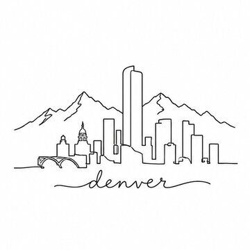 Denver Colorado Skyline Continuous Line Art with Mountains