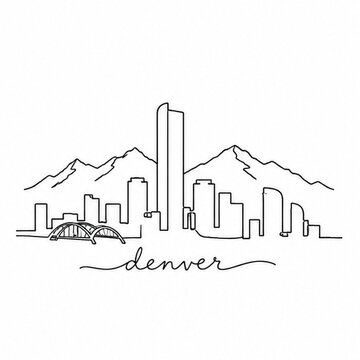 Minimalist Denver Skyline Line Drawing with Mountains and Text