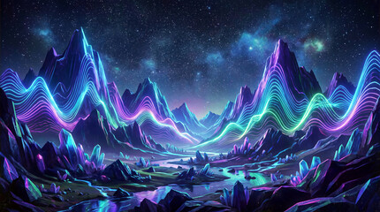 Futuristic Landscape with Mountains Shaped Like Giant Neon Audio Frequencies for Immersive Music Visuals Design